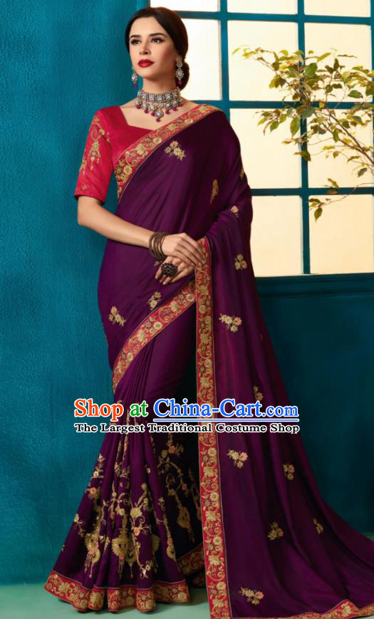 Traditional Indian Sari Embroidered Purple Silk Dress Asian India National Bollywood Costumes for Women