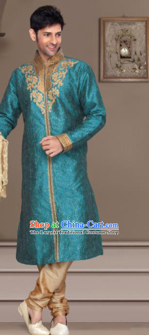 Asian Indian Sherwani Bridegroom Embroidered Blue Clothing India Traditional Wedding Costumes Complete Set for Men