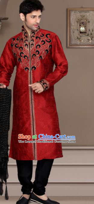 Asian Indian Wedding Sherwani Bridegroom Red Clothing India Traditional Embroidered Costumes Complete Set for Men