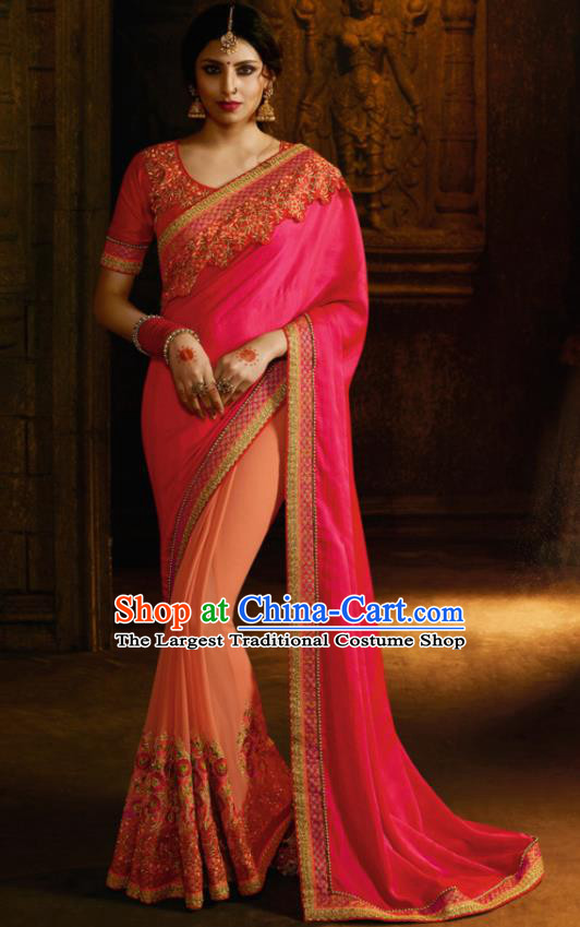 Traditional Indian Court Queen Embroidered Rosy Georgette Sari Dress Asian India National Bollywood Costumes for Women