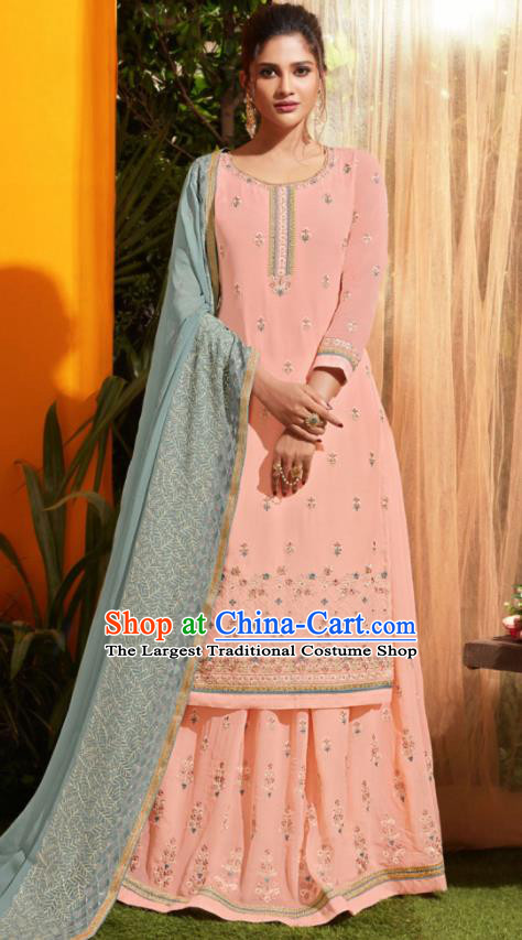 Traditional Indian Lehenga Embroidered Pink Georgette Blouse and Pants Asian India Punjab National Costumes for Women