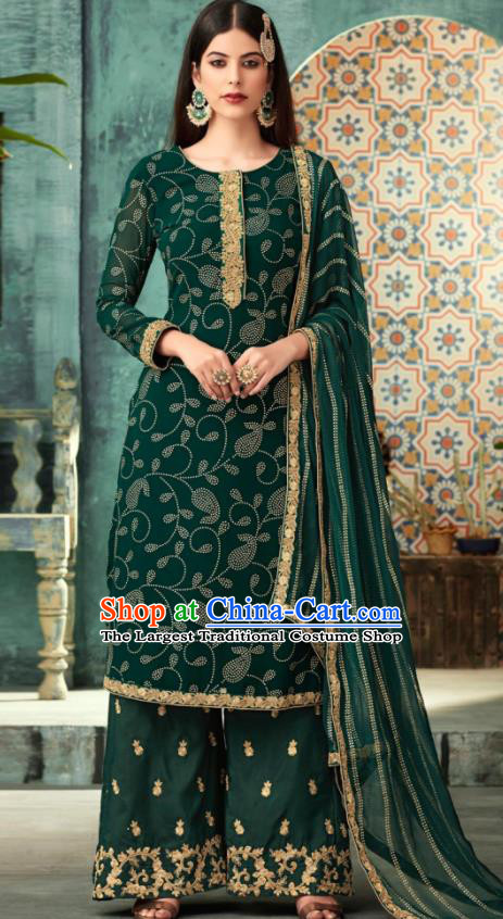 Traditional Indian Punjab Lehenga Embroidered Green Georgette Blouse and Pants Asian India National Costumes for Women