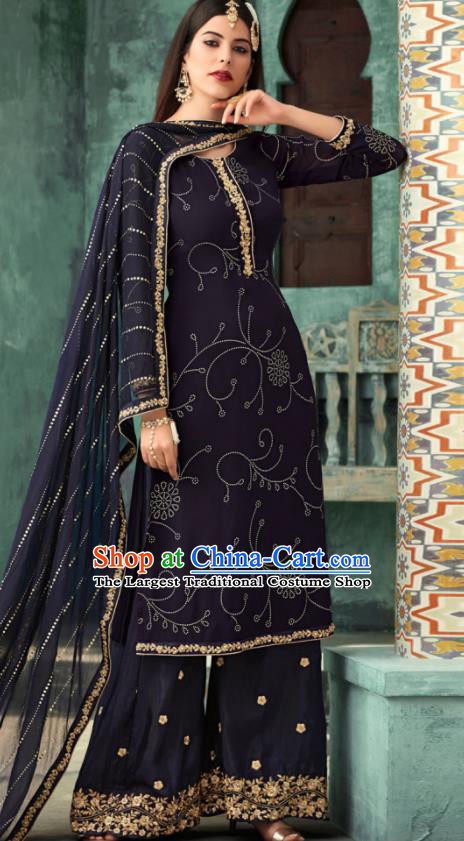 Traditional Indian Punjab Lehenga Embroidered Navy Georgette Blouse and Pants Asian India National Costumes for Women