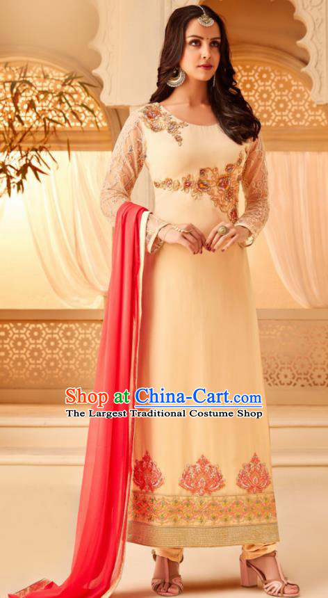 Traditional Indian Punjab Beige Georgette Blouse and Pants Asian India National Costumes for Women