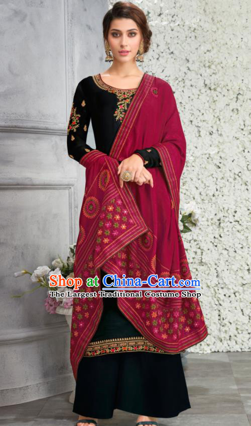 Traditional Indian Lehenga Embroidered Black Blouse and Pants Asian India Punjab National Costumes for Women