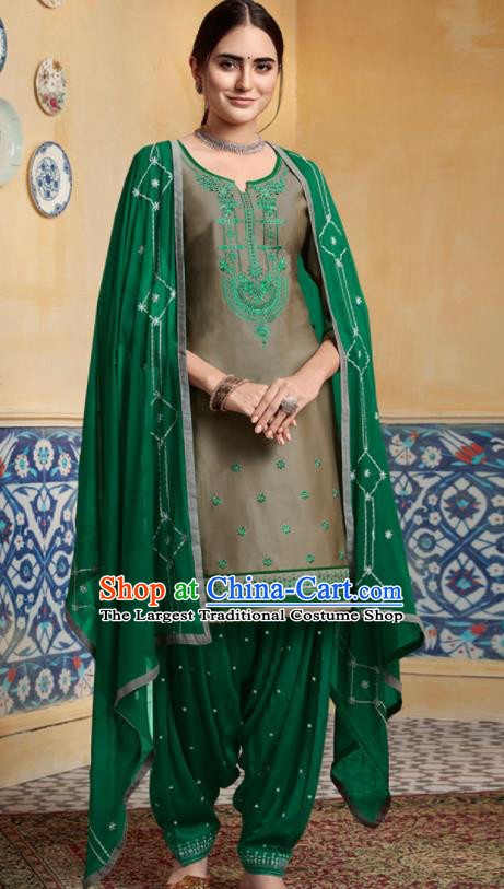 Traditional Indian Punjab Grey Satin Blouse and Green Pants Asian India National Costumes for Women