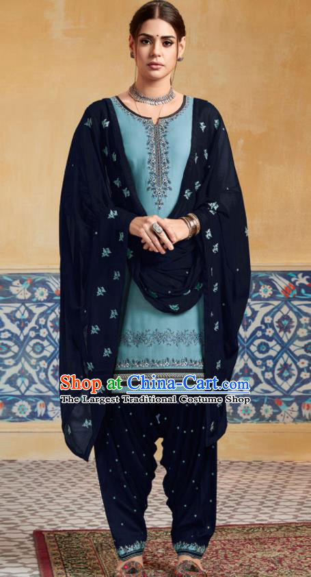 Traditional Indian Punjab Blue Satin Blouse and Navy Pants Asian India National Costumes for Women