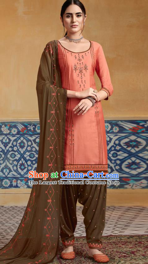 Traditional Indian Punjab Pink Satin Blouse and Khaki Pants Asian India National Costumes for Women