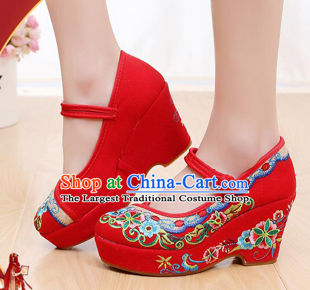 Chinese National Red High Heels Shoes Traditional Hanfu Shoes Opera Shoes Embroidered Shoes for Women