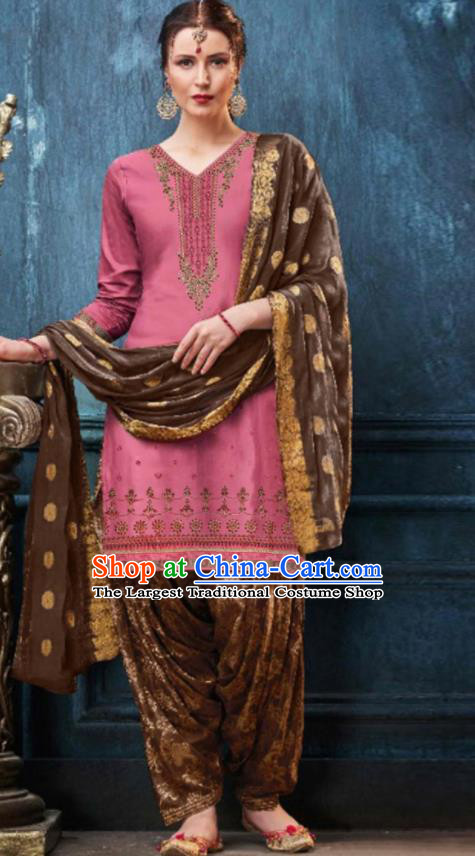 Traditional Indian Punjab Pink Satin Blouse and Brown Pants Asian India National Costumes for Women