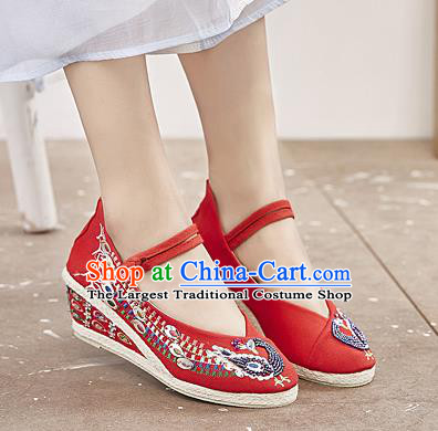 Chinese National Embroidered Phoenix Red High Heels Shoes Traditional Hanfu Shoes Opera Shoes Wedding Bride Shoes for Women