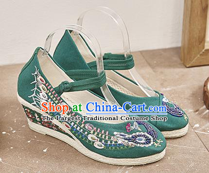 Chinese National Embroidered Phoenix Green High Heels Shoes Traditional Hanfu Shoes Opera Shoes Wedding Bride Shoes for Women