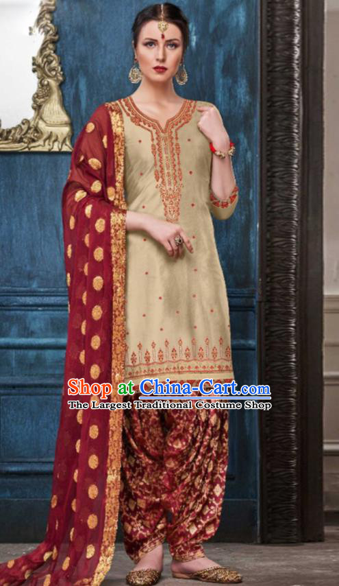 Traditional Indian Punjab Apricot Satin Blouse and Wine Red Pants Asian India National Costumes for Women