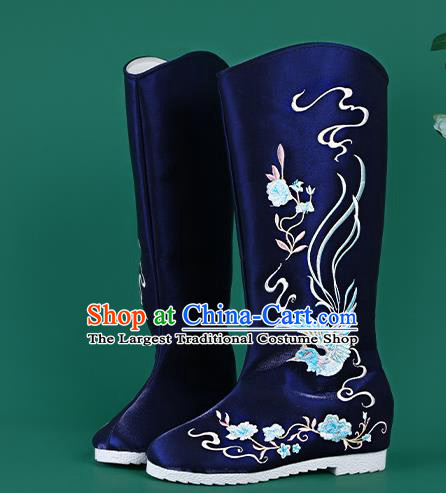 Chinese Traditional Embroidered Royalblue High Boots Hanfu Shoes Embroidered Boots for Women