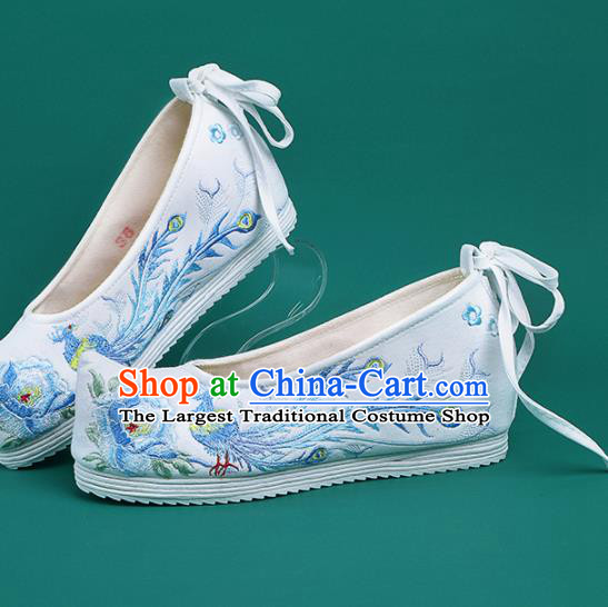 Chinese Traditional Embroidered Phoenix Peony White Shoes Hanfu Shoes Princess Shoes for Women