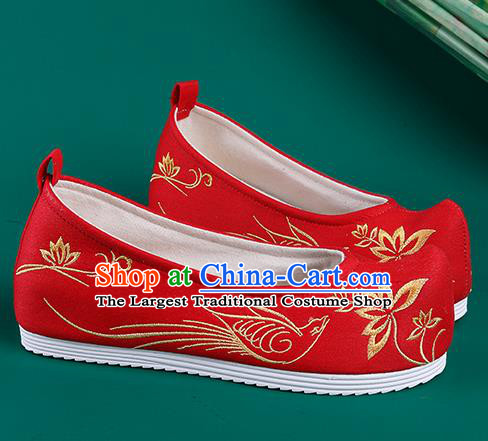 Chinese Traditional Embroidered Bird Lotus Red Shoes Hanfu Shoes Princess Shoes for Women