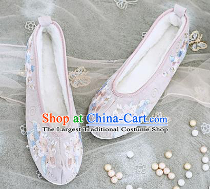 Traditional Chinese National Winter Shoes Pink Embroidered Shoes Hanfu Shoes for Women