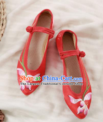 Traditional Chinese National Embroidery Lotus Red Shoes Embroidered Shoes Hanfu Shoes for Women