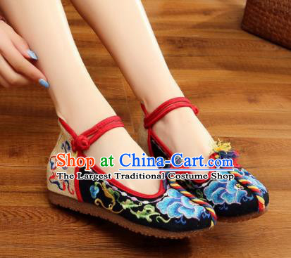 Traditional Chinese Old Beijing Embroidery Peony Black Shoes National Embroidered Shoes Hanfu Shoes for Women