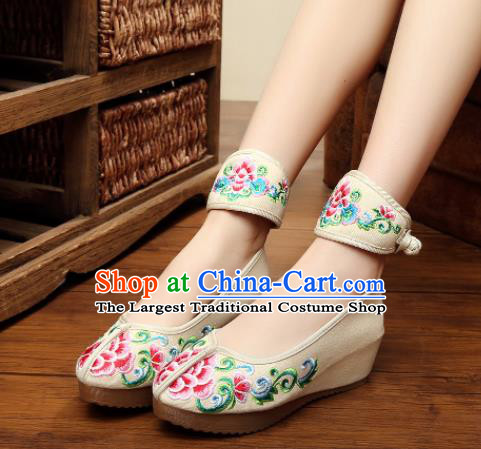 Traditional Chinese Old Beijing Bride Embroidery Peony Beige Shoes National Embroidered Shoes Hanfu Shoes for Women