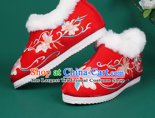 Chinese Traditional Winter Embroidered Red Ankle Boots Hanfu Shoes Cloth Boots for Women