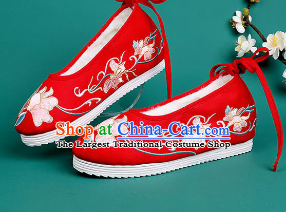 Chinese Traditional Winter Red Embroidered Shoes Hanfu Shoes Princess Shoes for Women