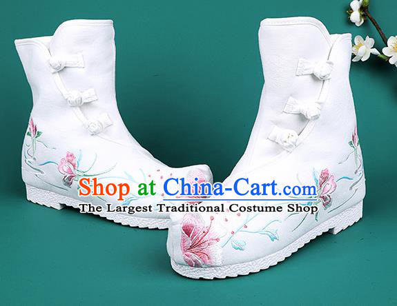 Chinese Traditional Embroidered Boots Hanfu Shoes White Cloth Boots for Women