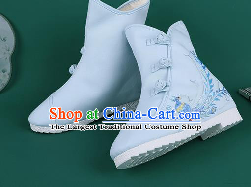 Handmade Chinese Traditional Embroidered Phoenix Blue Boots Hanfu Shoes Cloth Boots for Women