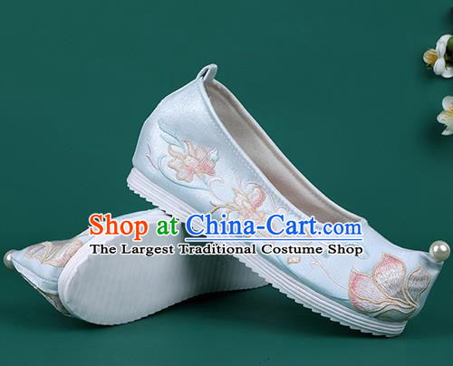 Chinese Pearl Shoes Traditional Wedding Blue Embroidered Shoes Hanfu Shoes Princess Shoes for Women