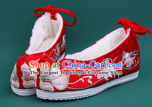 Chinese Winter Embroidered Red Shoes Traditional Hanfu Shoes Princess Shoes for Women