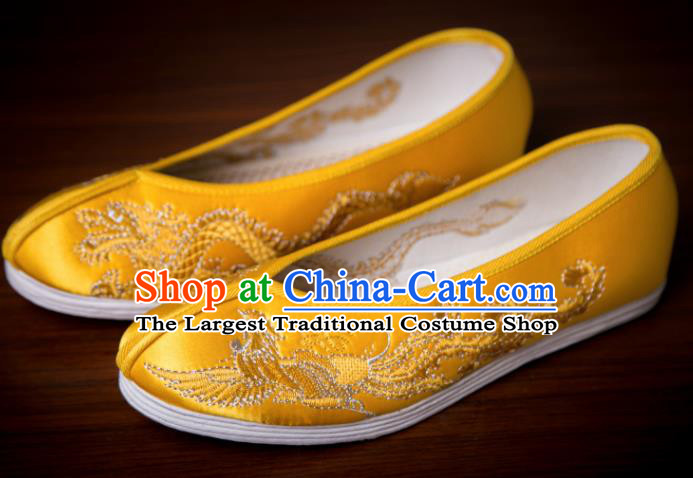 Traditional Chinese Handmade Golden Satin Shoes Hanfu Shoes Embroidered Shoes for Women