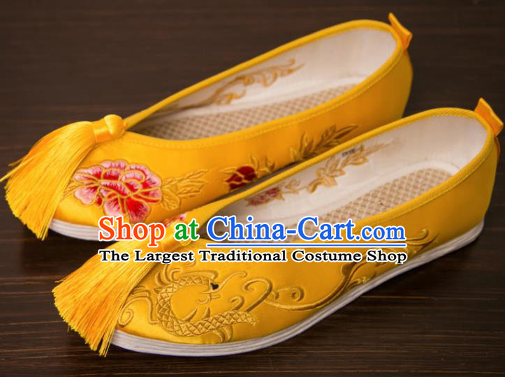 Traditional Chinese Handmade Satin Shoes Hanfu Tassel Shoes Embroidered Peony Dragon Shoes for Women