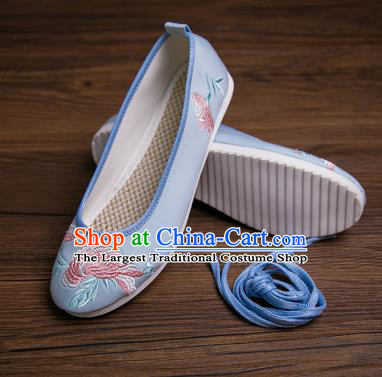 Traditional Chinese Handmade Hanfu Shoes Blue Embroidered Shoes Cloth Shoes for Women