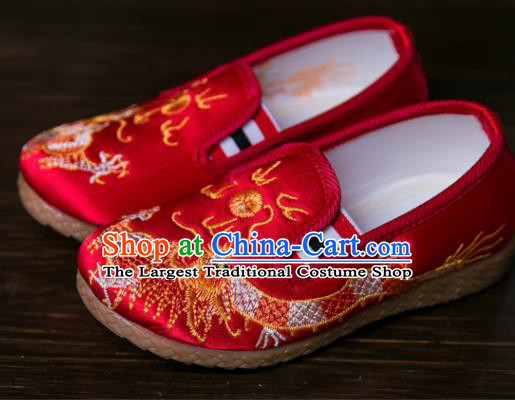 Handmade Chinese Traditional New Year Embroidered Dragon Red Shoes National Shoes Hanfu Shoes for Kids