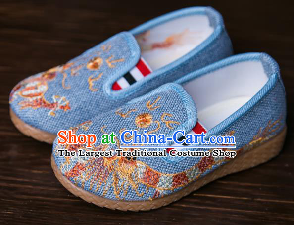 Handmade Chinese Traditional Blue Canvas Embroidered Dragon Shoes New Year National Shoes Hanfu Shoes for Kids