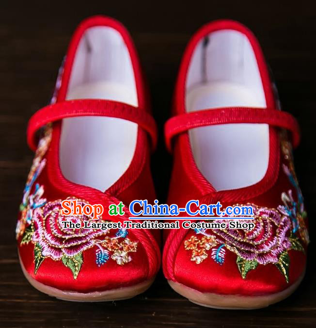 Handmade Chinese Traditional Red Satin Embroidered Shoes New Year National Shoes Hanfu Shoes for Kids