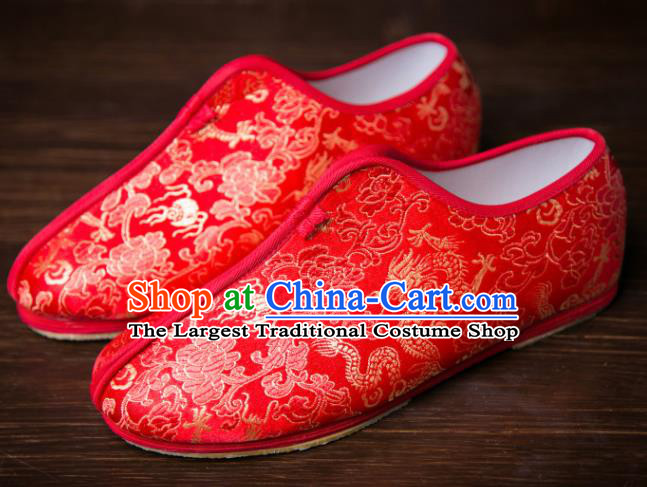 Handmade Chinese Bridegroom Red Shoes Traditional Kung Fu Embroidered Shoes Hanfu Shoes for Men