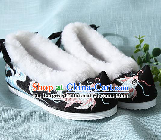 Traditional Chinese Handmade Embroidered Goldfish Black Shoes Wedding Shoes Hanfu Shoes Princess Shoes for Women