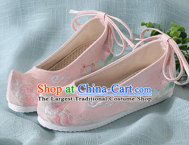 Chinese Handmade Embroidered Mandarin Duck Lotus Pink Shoes Traditional Ming Dynasty Hanfu Shoes Princess Shoes for Women