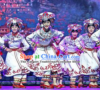 Chinese Dance Drama Colorful Guizhou Yi Nationality White Dress Stage Performance Dance Costume and Headpiece for Women