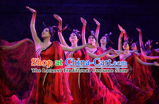 Lady Zhaojun Chinese Classical Dance Red Dress Stage Performance Dance Costume and Headpiece for Women