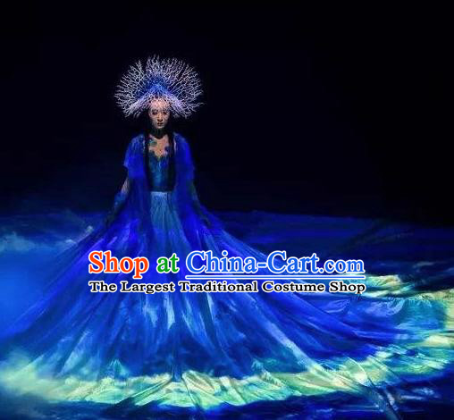 Chinese Pingtan Impression Classical Dance Blue Dress Stage Performance Dance Costume and Headpiece for Women