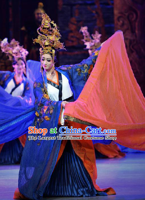 Chinese Lady Zhaojun Ancient Imperial Consort Dance Blue Dress Stage Performance Dance Costume and Headpiece for Women