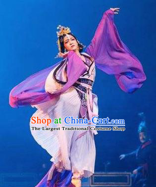 Guan Gong Chinese Classical Dance Purple Dress Stage Performance Dance Costume and Headpiece for Women