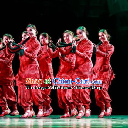 Fu Sheng Chinese Folk Dance Red Dress Stage Performance Dance Costume and Headpiece for Women