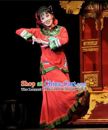 Huizhou Beauty Chinese Huangmei Opera Red Dress Stage Performance Dance Costume and Headpiece for Women