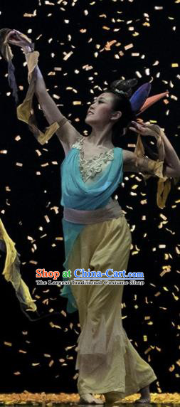 Dunhuang Reflections Chinese Classical Dance Yellow Dress Stage Performance Dance Costume and Headpiece for Women