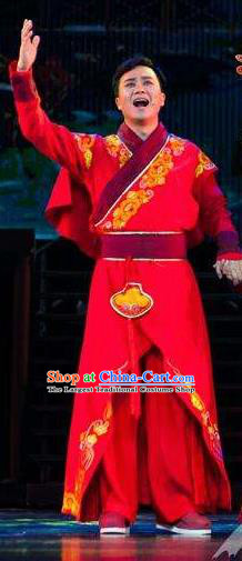 Huang Si Jie Chinese Tujia Minority Bridegroom Red Clothing Stage Performance Dance Costume and Headpiece for Men