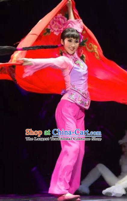 Drama Lan Huahua Chinese Folk Dance Pink Dress Stage Performance Dance Costume and Headpiece for Women