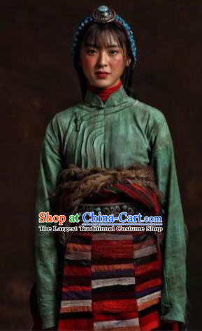 The Heavenly Road Chinese Zang Nationality Dance Green Dress Stage Performance Dance Costume and Headpiece for Women